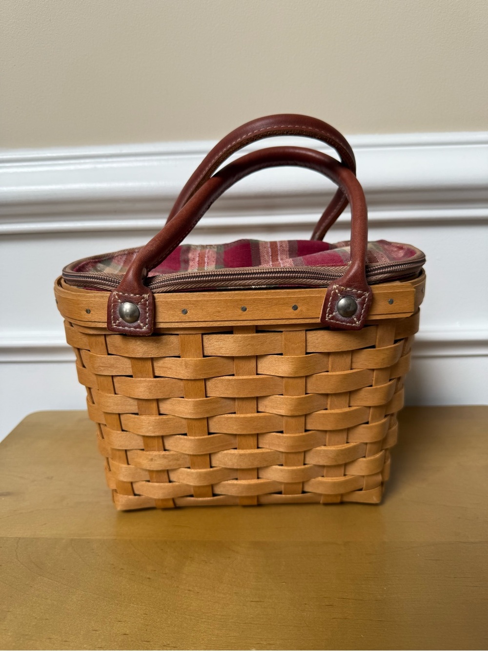 Longaberger Woven Basket Tote with Red Plaid Liner and Brown Handles